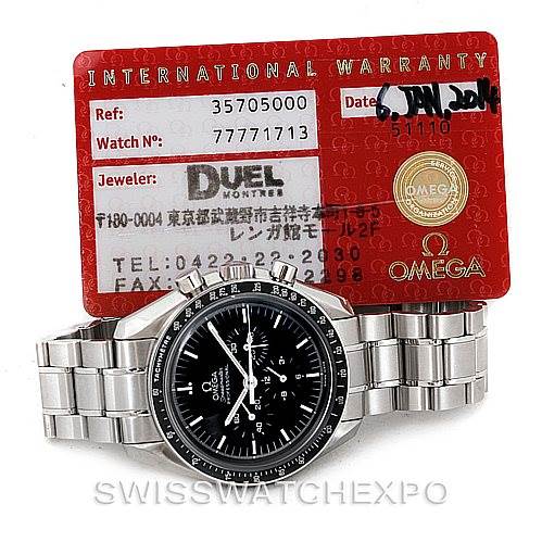 The image shows an Omega Speedmaster 3570.50.00 Men
s Stainless Steel Black Dial 3570.50.00 Men
s Stainless Steel Black Dial watch with a stainless steel bracelet and an International Warranty card.