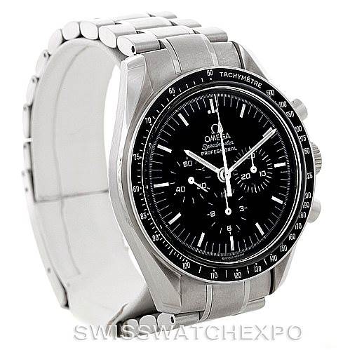The Omega Speedmaster 3572.50.00 Men
s Stainless Steel Black Dial 3572.50.00 Men
s Stainless Steel Black Dial watch is shown at a 3/4 angle, highlighting its black dial, tachymeter bezel, and stainless steel bracelet.