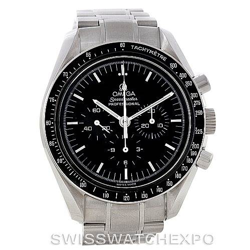 The image shows a front view of an Omega Speedmaster 3572.50.00 Men
s Stainless Steel Black Dial 3572.50.00 Men
s Stainless Steel Black Dial watch, highlighting its dial, tachymeter bezel, and stainless steel bracelet.