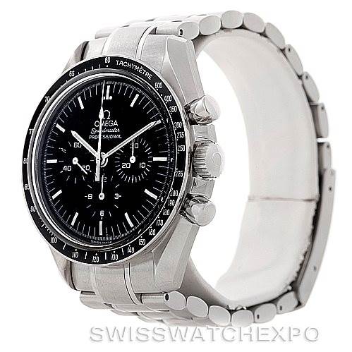 The image shows a side angle of the Omega Speedmaster 3572.50.00 Men
s Stainless Steel Black Dial 3572.50.00 Men
s Stainless Steel Black Dial watch, displaying the face, bezel, crown, and the metal bracelet.