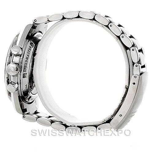 The image shows a side angle view of an Omega Speedmaster 3572.50.00 Men
s Stainless Steel Black Dial 3572.50.00 Men
s Stainless Steel Black Dial watch, highlighting the crown, pushers, and stainless steel bracelet.