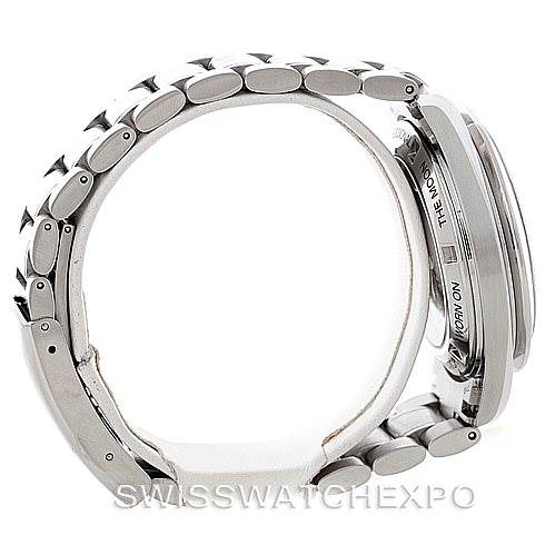 This image shows a side profile view of an Omega Speedmaster 3572.50.00 Men
s Stainless Steel Black Dial 3572.50.00 Men
s Stainless Steel Black Dial watch, focusing on the metal bracelet and case.