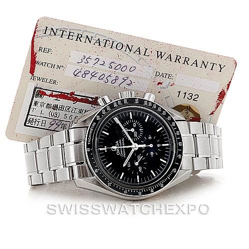 The image shows an Omega Speedmaster 3572.50.00 Men
s Stainless Steel Black Dial 3572.50.00 Men
s Stainless Steel Black Dial watch placed at a front angle, accompanied by an international warranty card in the background.