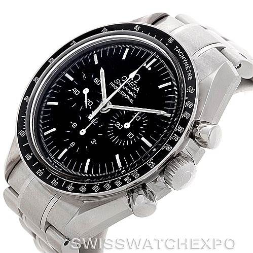 This image shows an Omega Speedmaster 3572.50.00 Men
s Stainless Steel Black Dial 3572.50.00 Men
s Stainless Steel Black Dial watch from an angled view, highlighting its face, bezel, pushers, and metal bracelet.