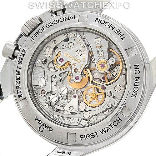 This image shows the back view of the Omega Speedmaster 3572.50.00 Men
s Stainless Steel Black Dial 3572.50.00 Men
s Stainless Steel Black Dial watch, highlighting its intricate movement and internal mechanics.