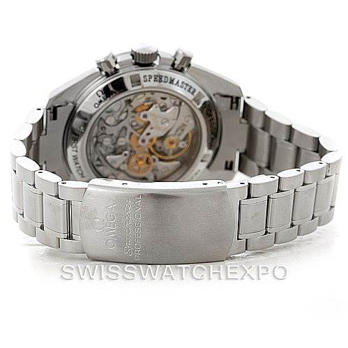 This image shows the back view and clasp of an Omega Speedmaster 3572.50.00 Men
s Stainless Steel Black Dial 3572.50.00 Men
s Stainless Steel Black Dial watch with a visible movement.