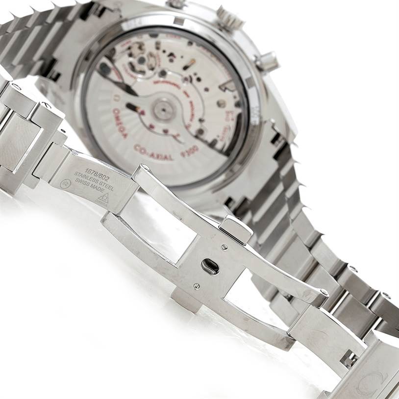 The image shows the back of the Omega Speedmaster 331.10.42.51.01.001 Men
s Stainless Steel Black Dial 331.10.42.51.01.001 Men
s Stainless Steel Black Dial watch, highlighting its stainless steel bracelet and the open case back.