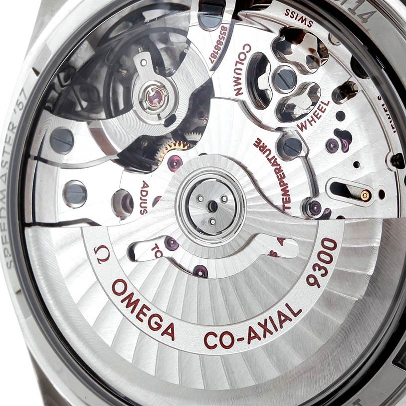 This image shows the back of an Omega Speedmaster 331.10.42.51.01.001 Men
s Stainless Steel Black Dial 331.10.42.51.01.001 Men
s Stainless Steel Black Dial watch, revealing its Co-Axial 9300 movement mechanism.