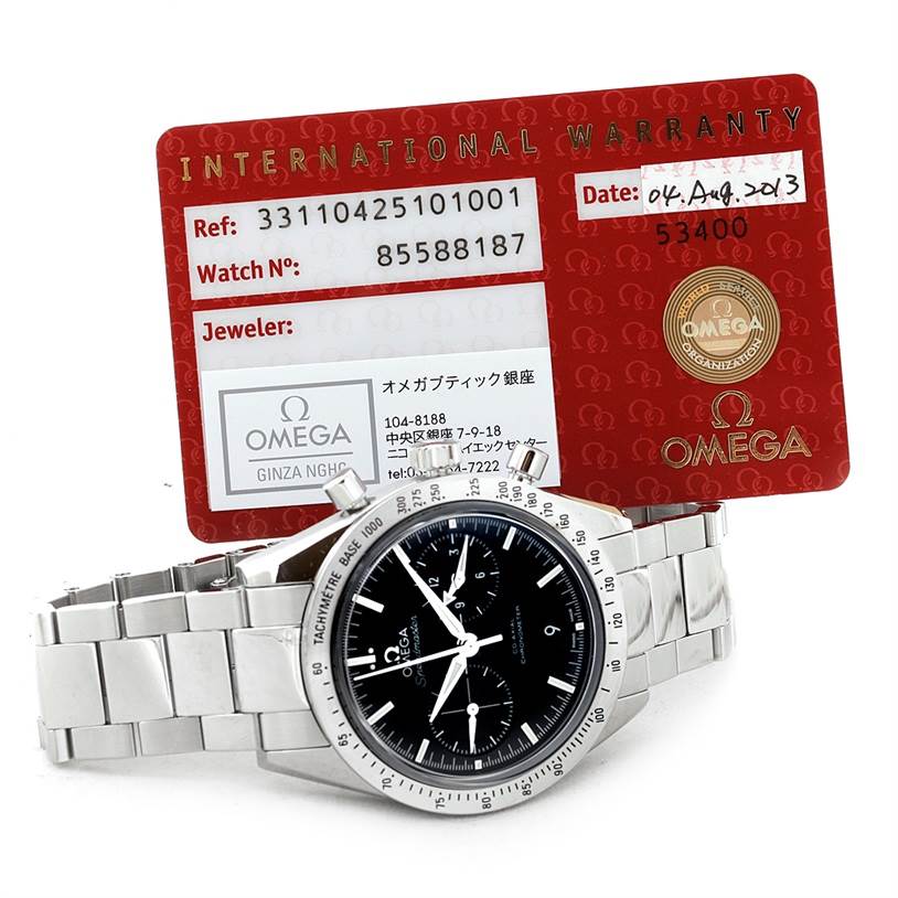 The Omega Speedmaster 331.10.42.51.01.001 Men
s Stainless Steel Black Dial 331.10.42.51.01.001 Men
s Stainless Steel Black Dial watch is shown at a front angle along with its international warranty card.