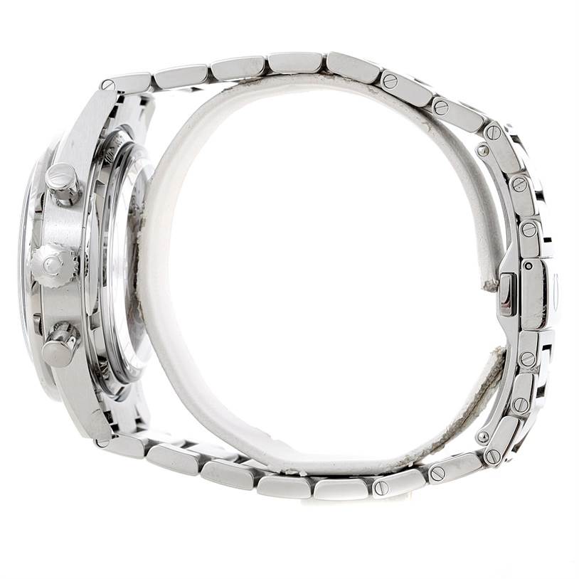 The image shows a side view of an Omega Speedmaster 331.10.42.51.01.001 Men
s Stainless Steel Black Dial 331.10.42.51.01.001 Men
s Stainless Steel Black Dial, featuring the crown, pushers, and metal bracelet.