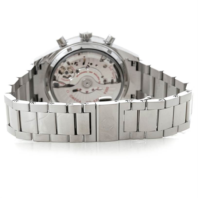 The image shows the back of an Omega Speedmaster 331.10.42.51.01.001 Men
s Stainless Steel Black Dial 331.10.42.51.01.001 Men
s Stainless Steel Black Dial watch, highlighting its open case back and stainless steel bracelet.