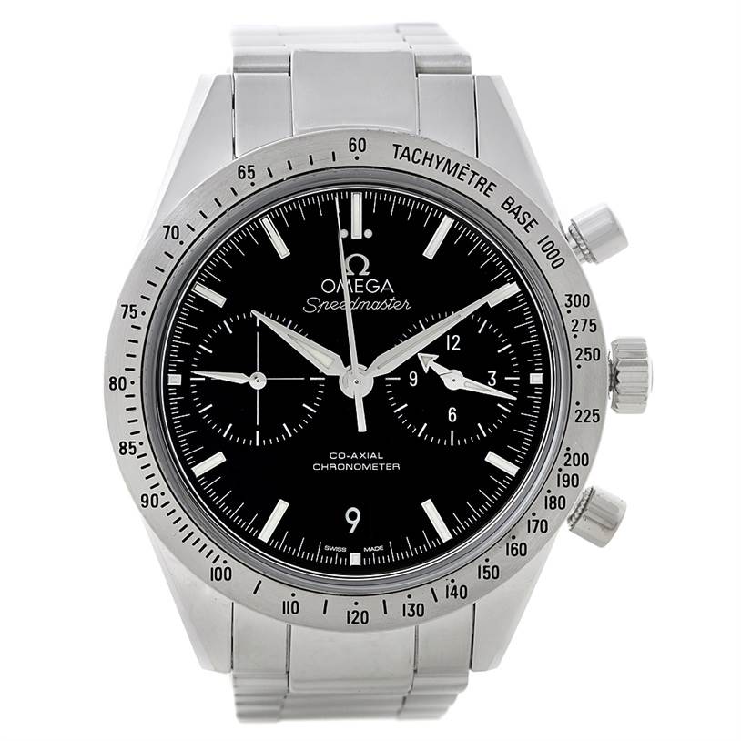 The image shows a front view of an Omega Speedmaster 331.10.42.51.01.001 Men
s Stainless Steel Black Dial 331.10.42.51.01.001 Men
s Stainless Steel Black Dial watch, highlighting its dial, bezel, and bracelet.