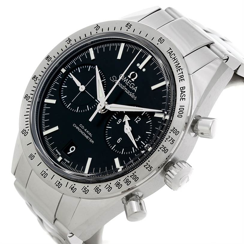 The image shows a close-up view of the Omega Speedmaster 331.10.42.51.01.001 Men
s Stainless Steel Black Dial 331.10.42.51.01.001 Men
s Stainless Steel Black Dial watch, detailing the dial, bezel, and stainless steel bracelet.