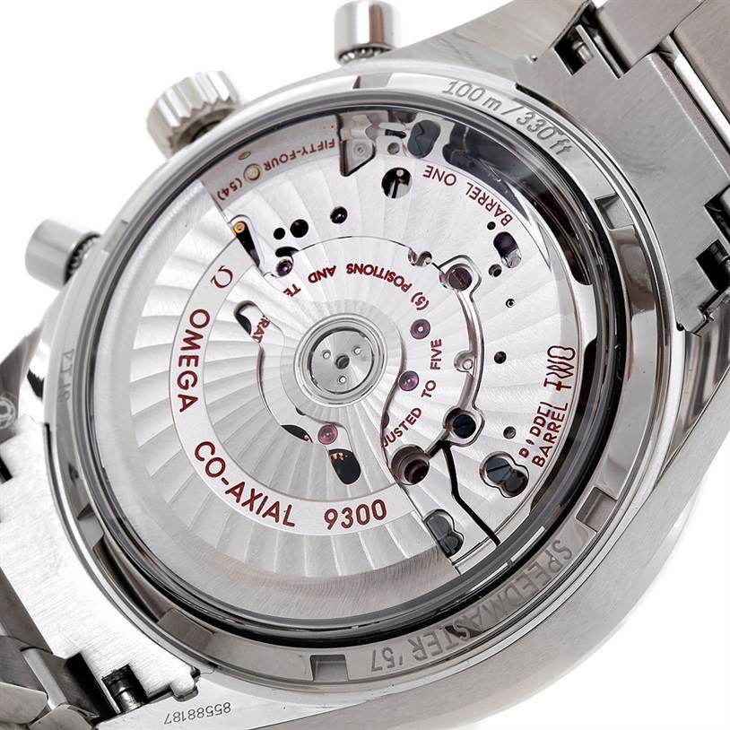 This image shows the back of an Omega Speedmaster 331.10.42.51.01.001 Men
s Stainless Steel Black Dial 331.10.42.51.01.001 Men
s Stainless Steel Black Dial watch, highlighting its co-axial 9300 movement.