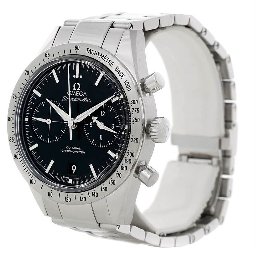 The image shows an angled view of the Omega Speedmaster 331.10.42.51.01.001 Men
s Stainless Steel Black Dial 331.10.42.51.01.001 Men
s Stainless Steel Black Dial watch, displaying its bezel, dial, crown, pushers, and bracelet.