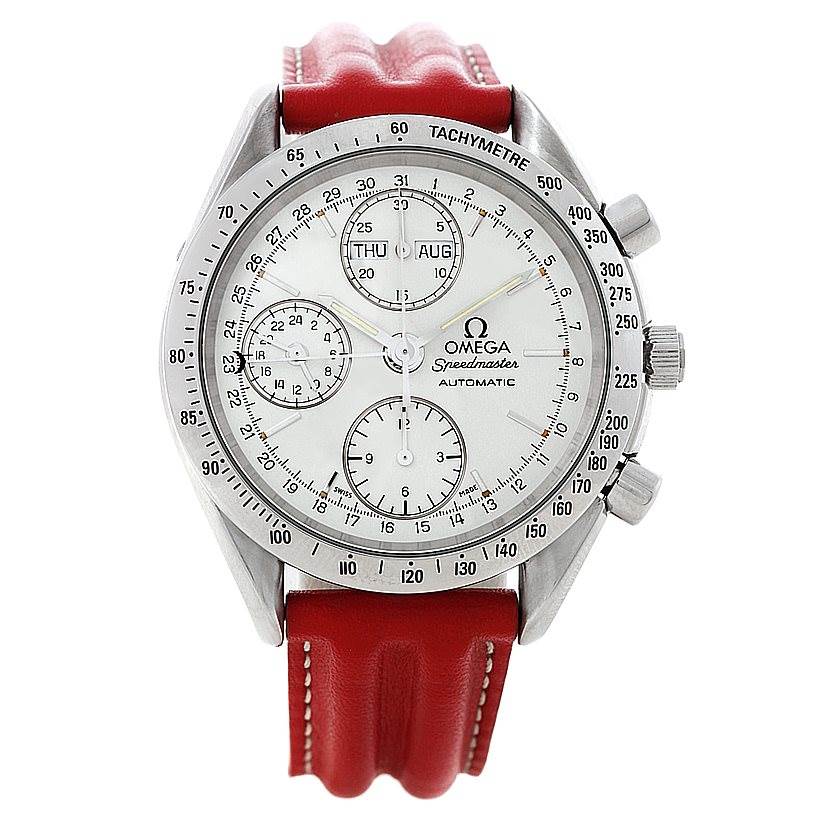 This image shows the front view of an Omega Speedmaster 3521.30.00 Men
s Stainless Steel White Dial 3521.30.00 Men
s Stainless Steel White Dial watch with a red strap, displaying the dial and chronograph subdials.