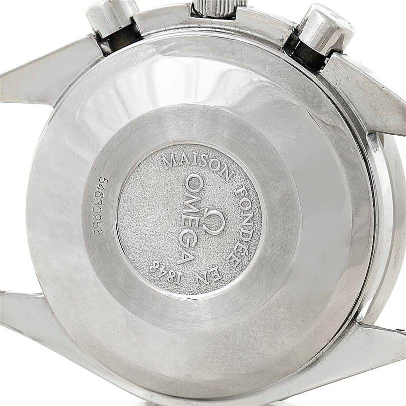 This image shows the back case of an Omega Speedmaster 3521.30.00 Men
s Stainless Steel White Dial 3521.30.00 Men
s Stainless Steel White Dial watch, including the brand logo and inscriptions.