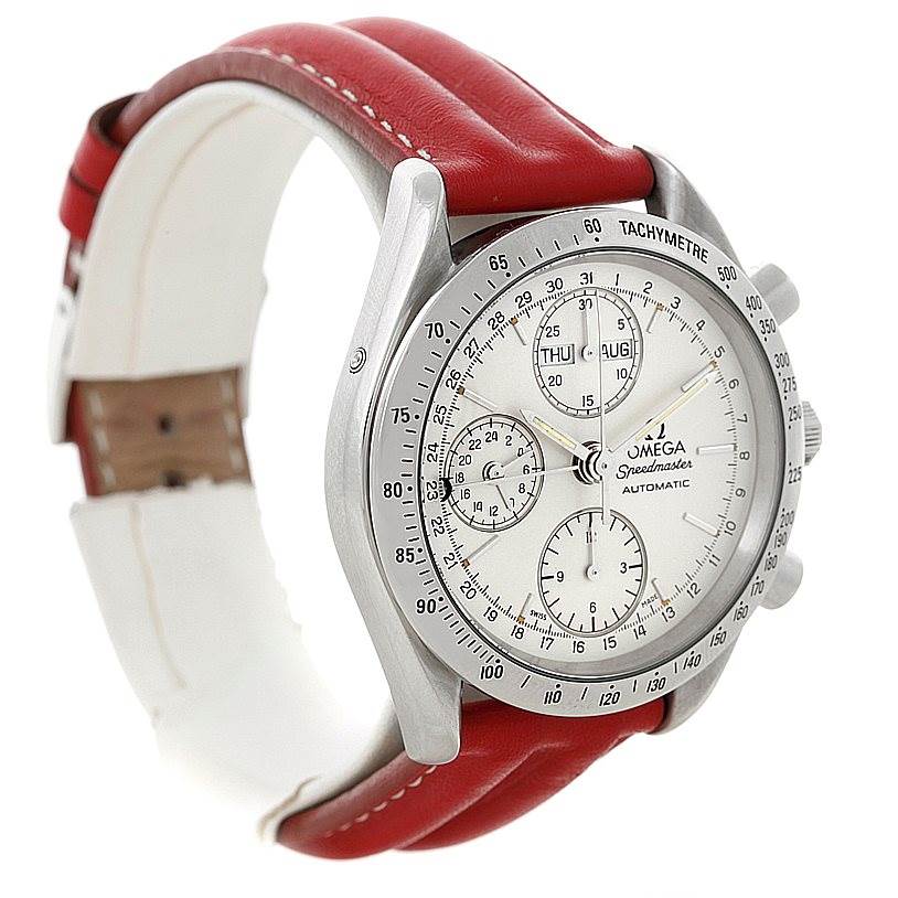 This image shows an Omega Speedmaster 3521.30.00 Men
s Stainless Steel White Dial 3521.30.00 Men
s Stainless Steel White Dial watch at an angled side view, highlighting the dial, sub-dials, and red leather strap.