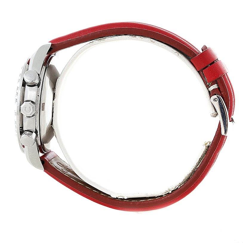 The image shows a side view of the Omega Speedmaster 3521.30.00 Men
s Stainless Steel White Dial 3521.30.00 Men
s Stainless Steel White Dial watch with a red leather strap, crown, and chronograph pushers.