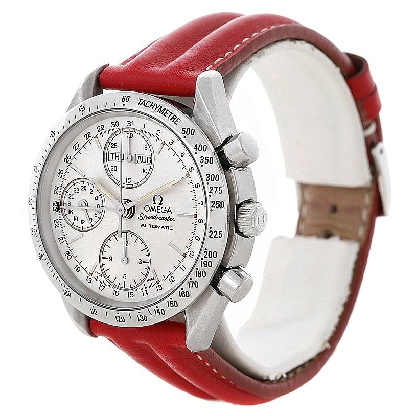 This Omega Speedmaster 3521.30.00 Men
s Stainless Steel White Dial 3521.30.00 Men
s Stainless Steel White Dial watch is shown at an oblique angle, highlighting its red leather strap and chronograph features.