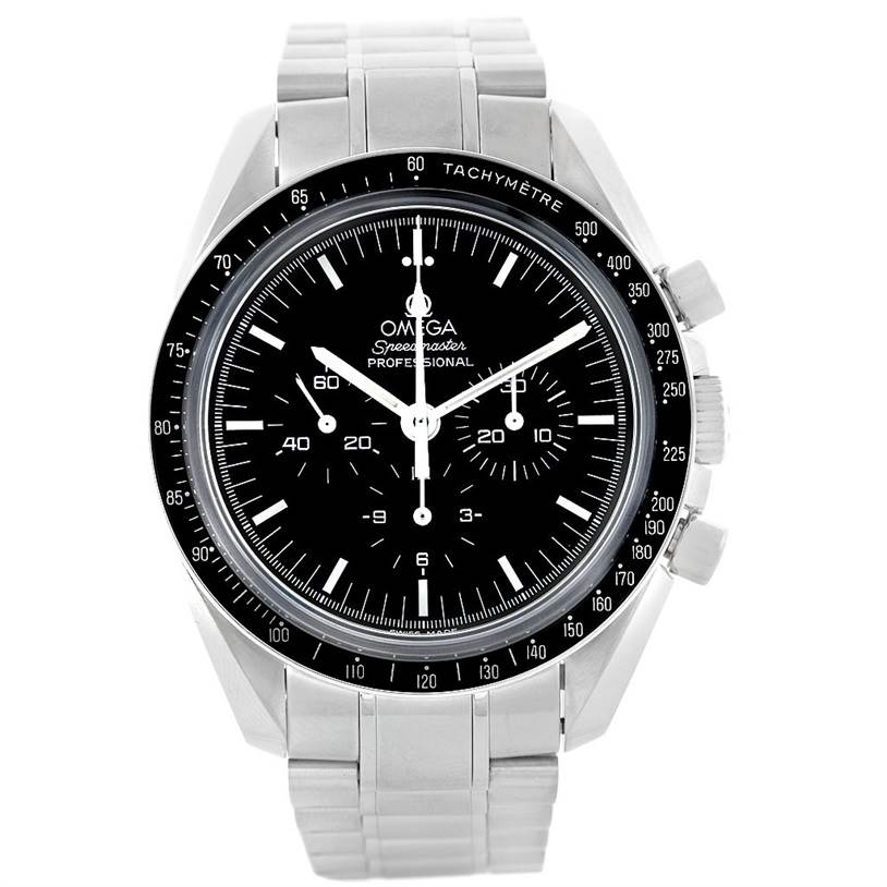 The image shows a front view of an Omega Speedmaster 3573.50.00 Men
s Stainless Steel Black Dial 3573.50.00 Men
s Stainless Steel Black Dial watch, featuring its black dial, tachymeter bezel, and stainless steel bracelet.