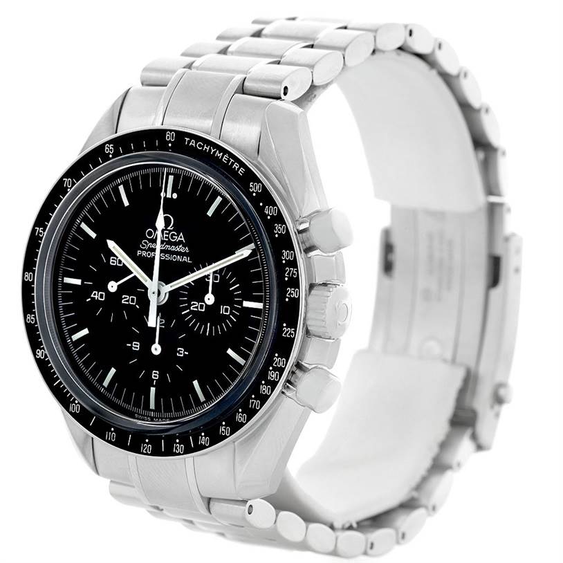 The Omega Speedmaster 3573.50.00 Men
s Stainless Steel Black Dial 3573.50.00 Men
s Stainless Steel Black Dial watch is shown at an oblique angle, displaying the face, bezel, chronograph buttons, and metallic bracelet.