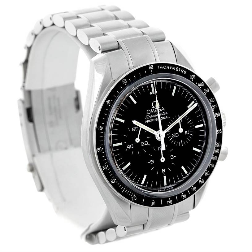 The image shows an Omega Speedmaster 3573.50.00 Men
s Stainless Steel Black Dial 3573.50.00 Men
s Stainless Steel Black Dial watch at a three-quarter angle, displaying the face, bezel, and part of the bracelet.