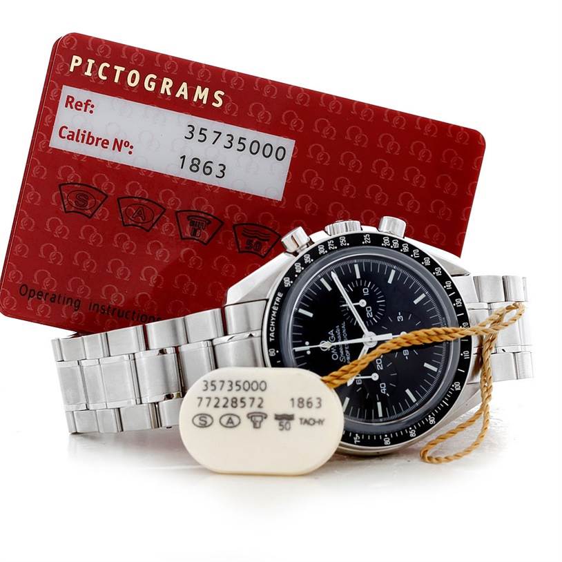 The Omega Speedmaster 3573.50.00 Men
s Stainless Steel Black Dial 3573.50.00 Men
s Stainless Steel Black Dial watch is shown from an oblique angle, displaying its bracelet, dial, and accompanying tags and warranty card.