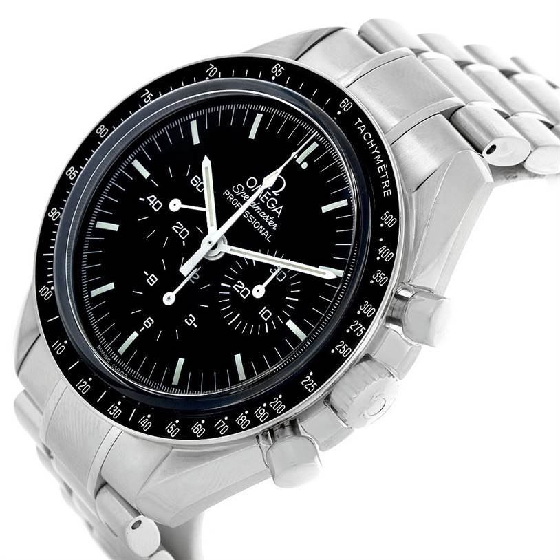 The image shows an Omega Speedmaster 3573.50.00 Men
s Stainless Steel Black Dial 3573.50.00 Men
s Stainless Steel Black Dial watch at a 3/4 angle, highlighting the dial, bezel, pushers, crown, and metal bracelet.