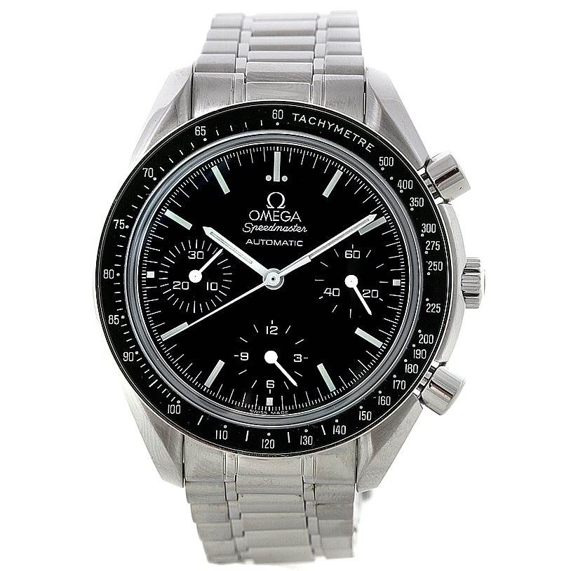 The image shows a front view of an Omega Speedmaster 3539.50.00 Men
s Stainless Steel Black Dial 3539.50.00 Men
s Stainless Steel Black Dial watch, highlighting its dial, sub-dials, bezel, and metal bracelet.