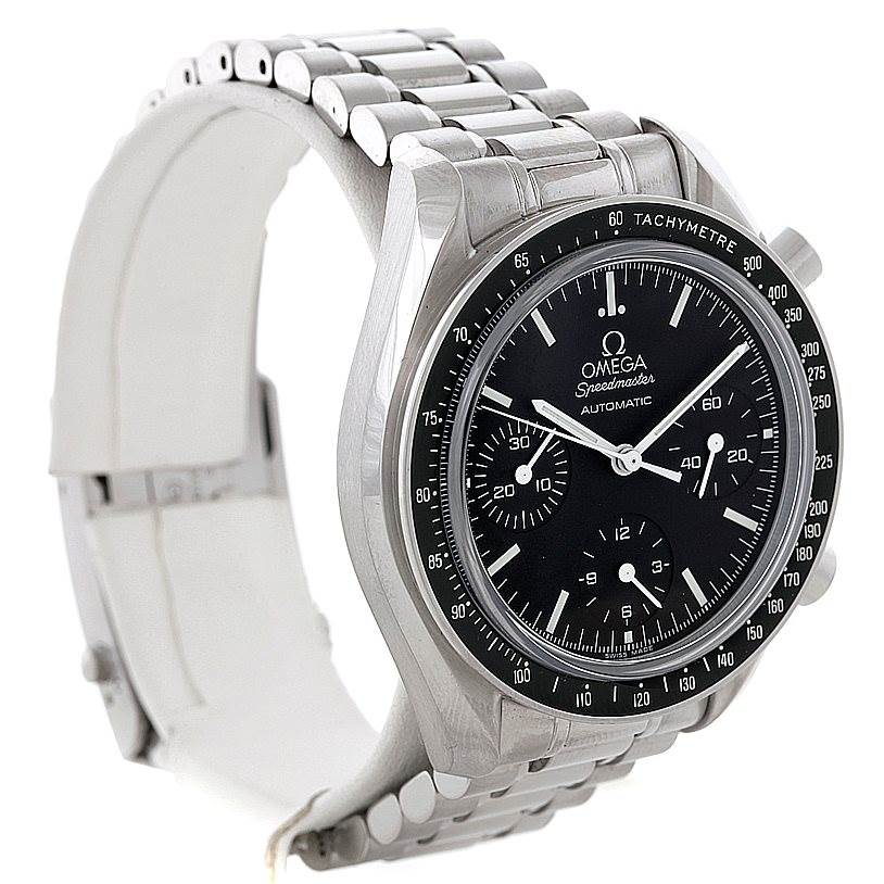 The Omega Speedmaster 3539.50.00 Men
s Stainless Steel Black Dial 3539.50.00 Men
s Stainless Steel Black Dial watch is shown at a three-quarter angle, displaying its face, bezel, and stainless steel bracelet.