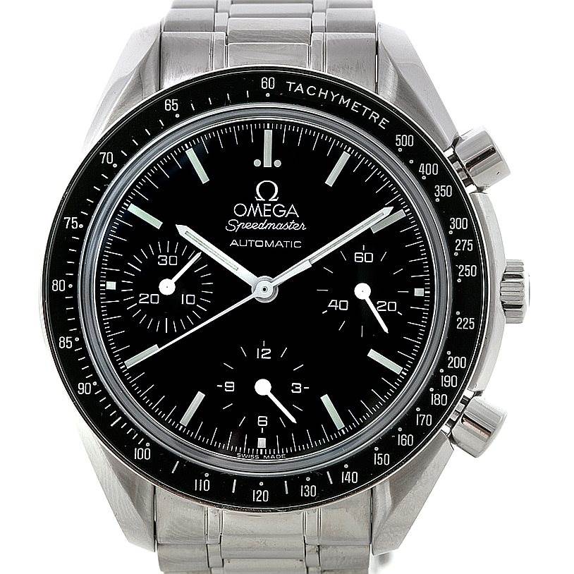 The image shows a front view of an Omega Speedmaster 3539.50.00 Men
s Stainless Steel Black Dial 3539.50.00 Men
s Stainless Steel Black Dial watch, highlighting its dial, bezel, and bracelet.