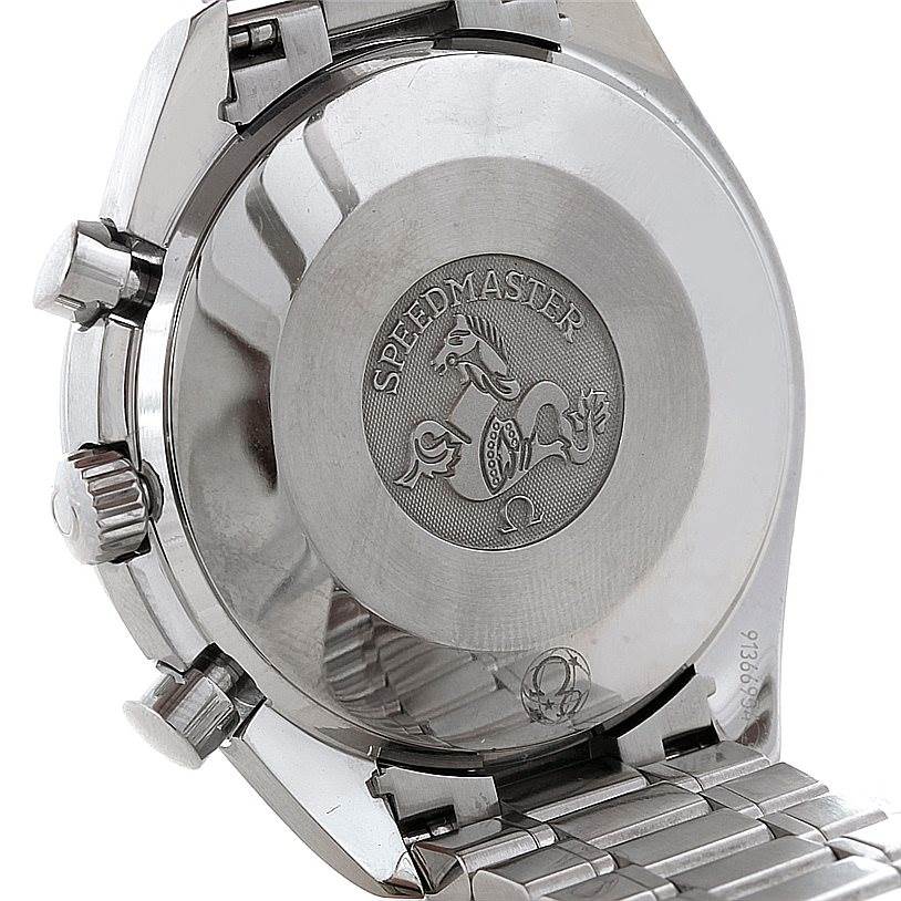 The image shows the back case and part of the bracelet of an Omega Speedmaster 3539.50.00 Men
s Stainless Steel Black Dial 3539.50.00 Men
s Stainless Steel Black Dial watch.