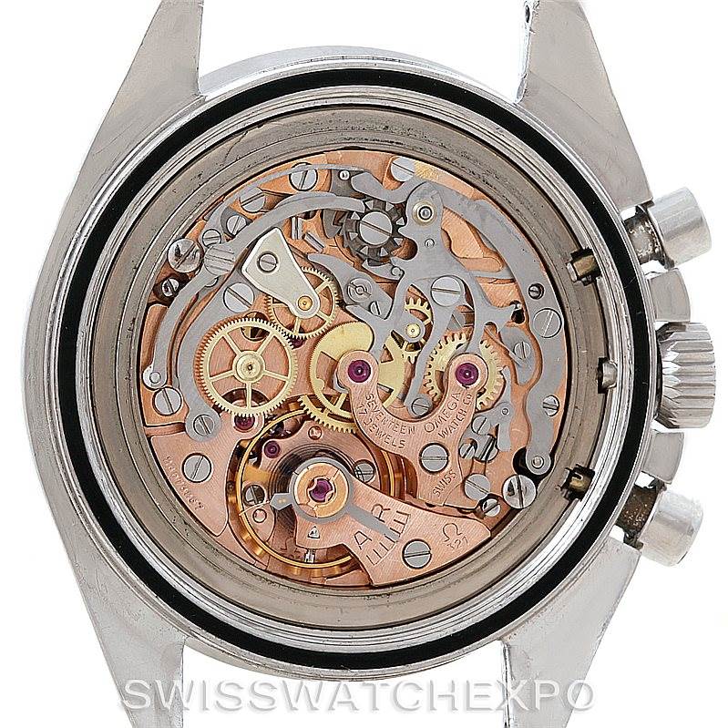 This image shows the Omega Speedmaster Men
s Stainless Steel Black Dial Men
s Stainless Steel Black Dial watch
s intricate movement mechanism from the back.