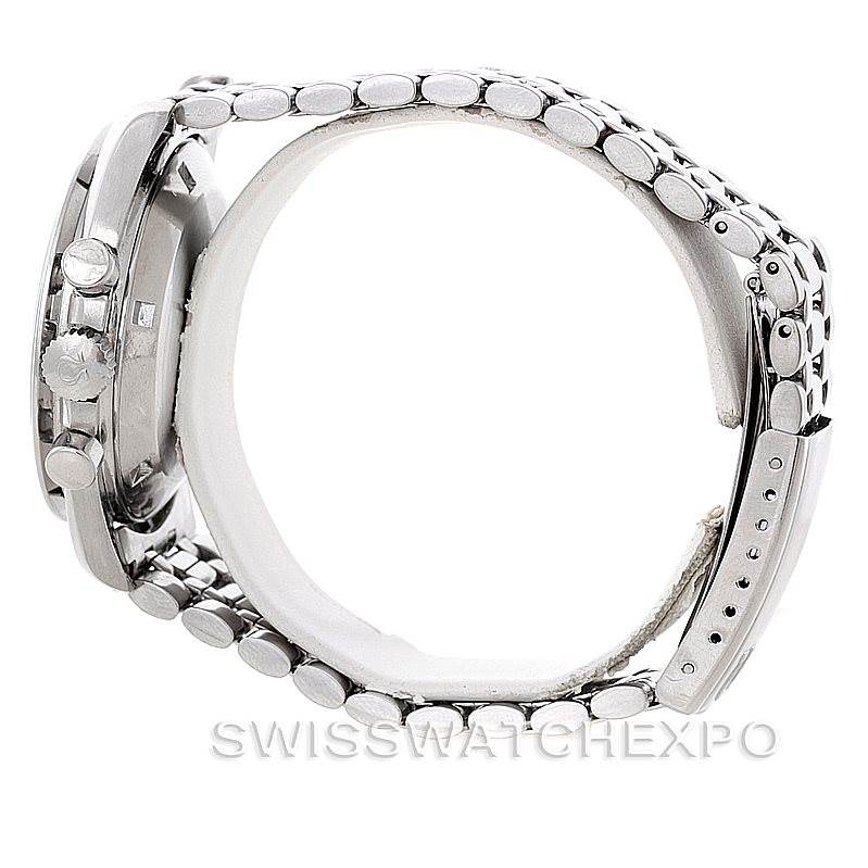 This image shows the side view of an Omega Speedmaster Men
s Stainless Steel Black Dial Men
s Stainless Steel Black Dial watch with its bracelet and clasp visible.