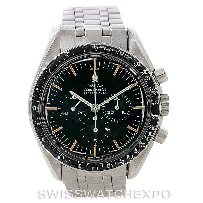 The image shows a frontal view of the Omega Speedmaster Men
s Stainless Steel Black Dial Men
s Stainless Steel Black Dial watch, highlighting its dial, bezel, and metal bracelet.