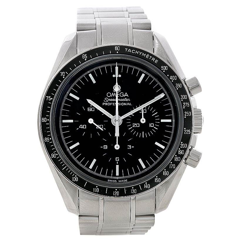 The image shows a front view of the Omega Speedmaster 3570.50.00 Men
s Stainless Steel Black Dial 3570.50.00 Men
s Stainless Steel Black Dial Professional watch, displaying its face, tachymeter bezel, and stainless steel bracelet.