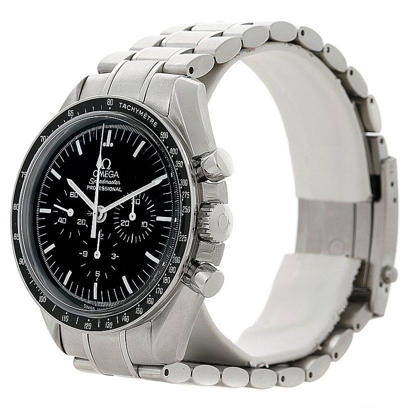The Omega Speedmaster 3570.50.00 Men
s Stainless Steel Black Dial 3570.50.00 Men
s Stainless Steel Black Dial watch is shown at a three-quarter angle, displaying its face, bezel, push buttons, crown, and bracelet.
