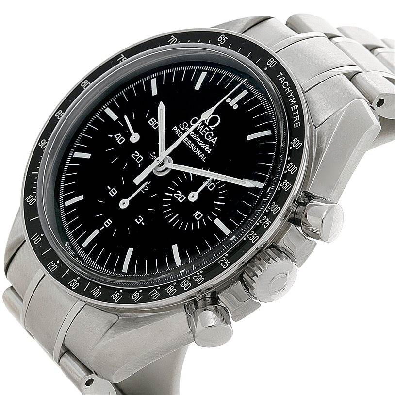 The Omega Speedmaster 3570.50.00 Men
s Stainless Steel Black Dial 3570.50.00 Men
s Stainless Steel Black Dial watch is shown from a side angle, highlighting the bezel, dial, crown, pushers, and bracelet.