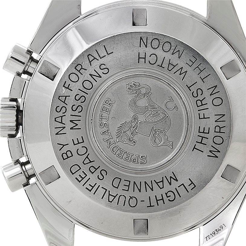 This image shows the case back of an Omega Speedmaster 3570.50.00 Men
s Stainless Steel Black Dial 3570.50.00 Men
s Stainless Steel Black Dial watch viewed from the back.