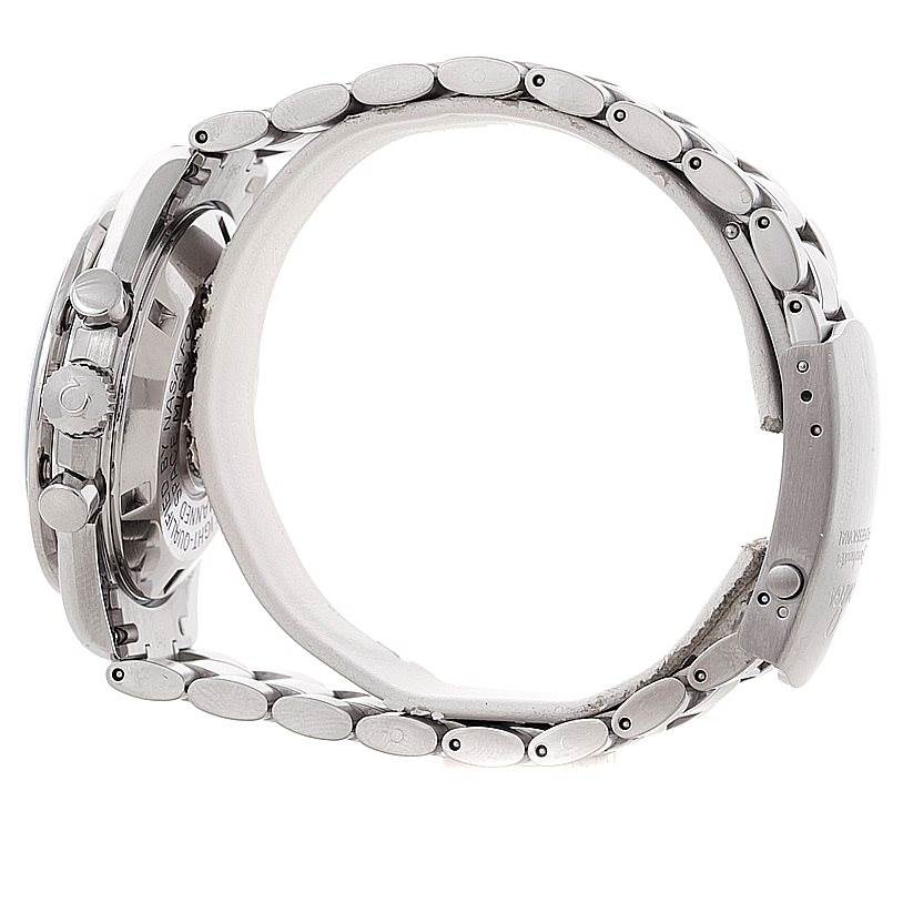 The image shows a side view of the Omega Speedmaster 3570.50.00 Men
s Stainless Steel Black Dial 3570.50.00 Men
s Stainless Steel Black Dial watch, highlighting the bracelet, crown, and pushers.