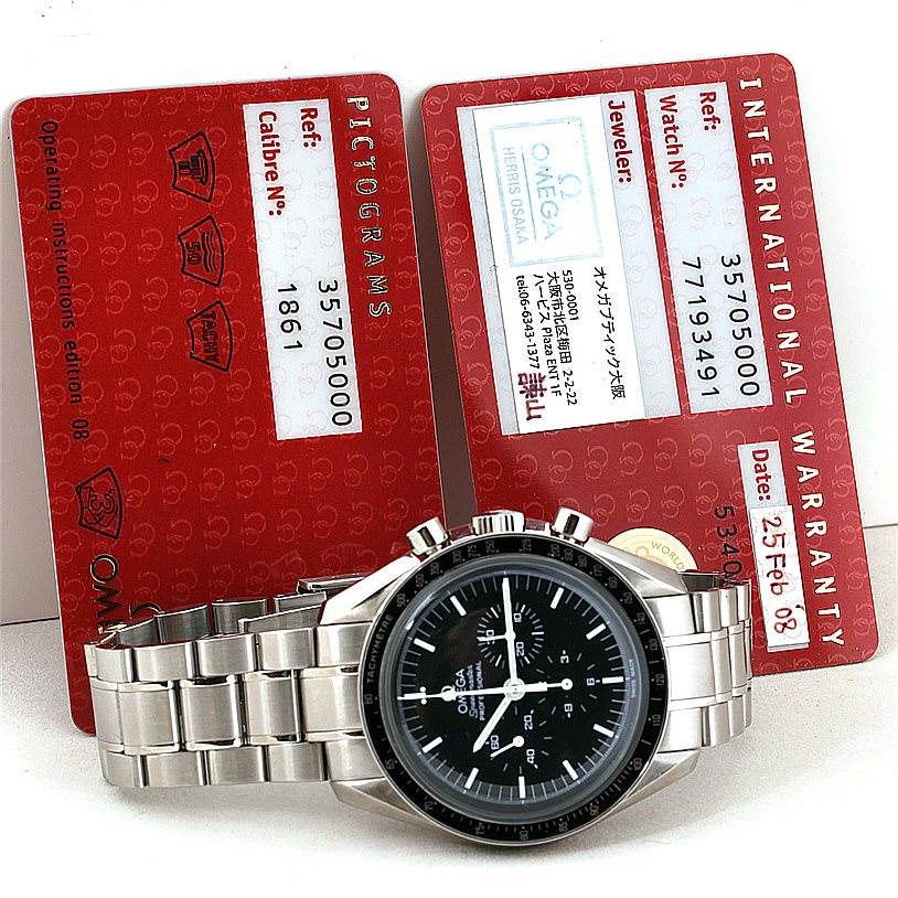 The image shows an Omega Speedmaster 3570.50.00 Men
s Stainless Steel Black Dial 3570.50.00 Men
s Stainless Steel Black Dial watch in a front angle, along with its warranty and pictogram cards.