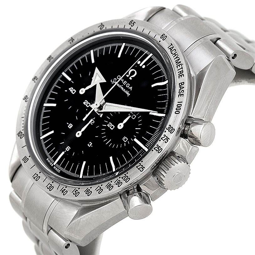 This image shows an angled view of an Omega Speedmaster 3594.50.00 Men
s Stainless Steel Black Dial 3594.50.00 Men
s Stainless Steel Black Dial, highlighting the bezel, dial, subdials, and chronograph pushers.