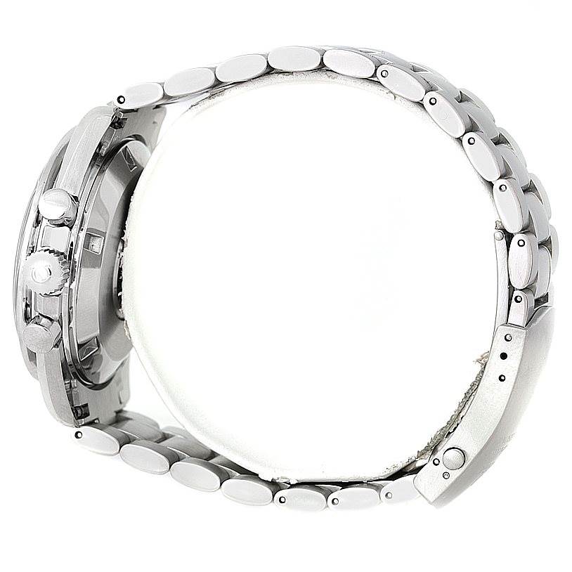 The image shows the side view of an Omega Speedmaster 3594.50.00 Men
s Stainless Steel Black Dial 3594.50.00 Men
s Stainless Steel Black Dial watch, highlighting the crown, pushers, and metal bracelet.