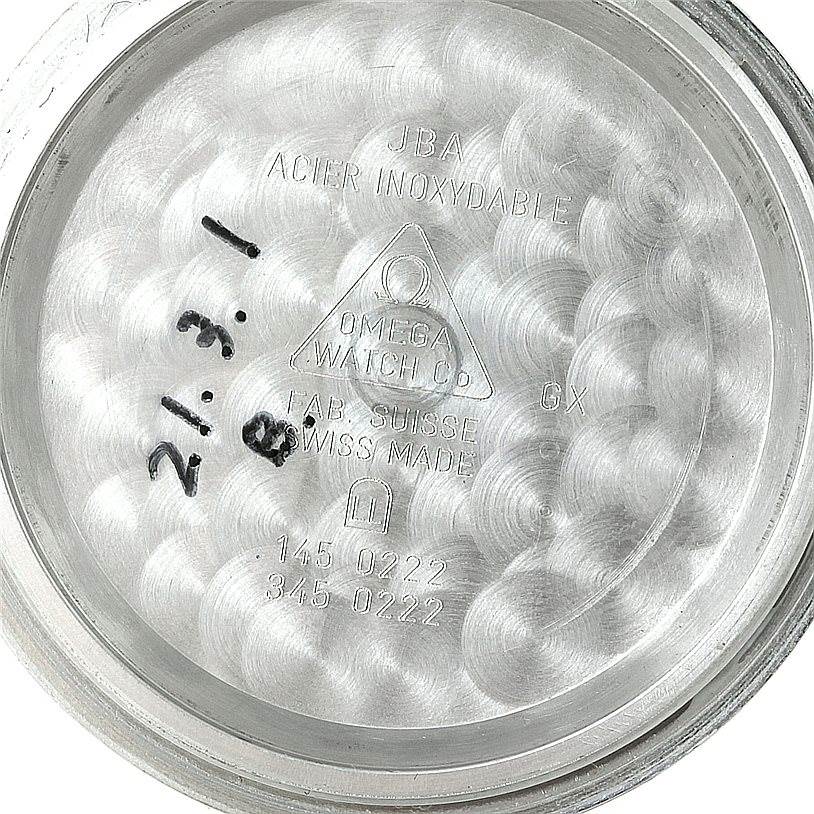 This image shows the inside case back of an Omega Speedmaster 3594.50.00 Men
s Stainless Steel Black Dial 3594.50.00 Men
s Stainless Steel Black Dial watch, displaying the brand and model engravings.