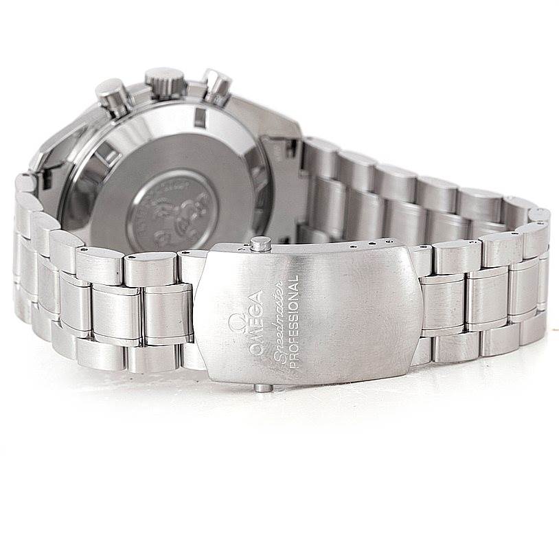 The image shows the back case and clasp of an Omega Speedmaster 3594.50.00 Men
s Stainless Steel Black Dial 3594.50.00 Men
s Stainless Steel Black Dial watch from an angled, rear perspective.