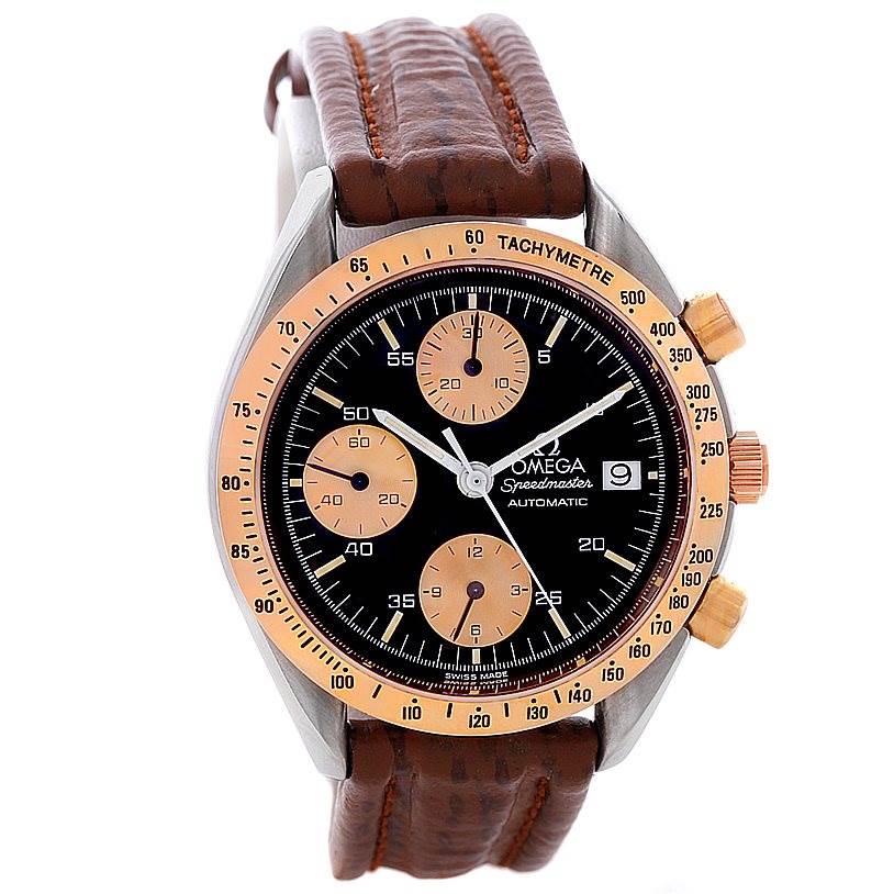 This Omega Speedmaster 3716.50.00 Men
s Stainless Steel Black Dial 3716.50.00 Men
s Stainless Steel Black Dial watch is shown from a front angle, displaying its face, tachymeter bezel, and leather strap.