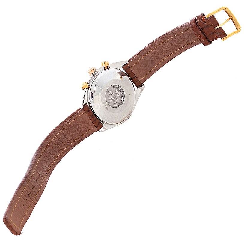 This image shows the back view of an Omega Speedmaster 3716.50.00 Men
s Stainless Steel Black Dial 3716.50.00 Men
s Stainless Steel Black Dial watch with a brown leather strap and gold buckle.