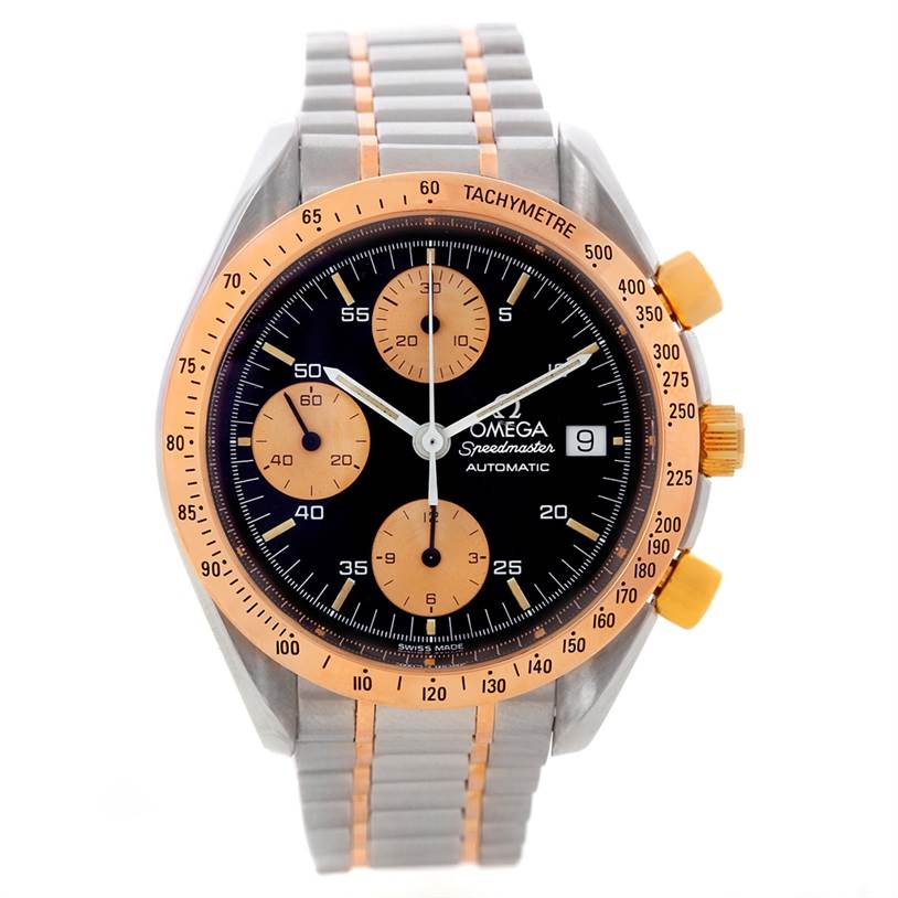 The image shows a front view of an Omega Speedmaster 3716.50.00 Men
s Stainless Steel Black Dial 3716.50.00 Men
s Stainless Steel Black Dial watch featuring a tachymeter bezel, three sub-dials, and a metal bracelet.