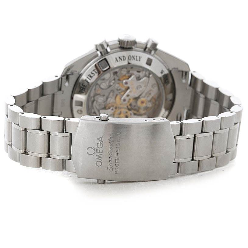This image shows the back of an Omega Speedmaster 311.30.42.30.13.001 Men's Stainless Steel Brown Dial 311.30.42.30.13.001 Men's Stainless Steel Brown Dial watch, highlighting its bracelet, clasp, and the exhibition case back.